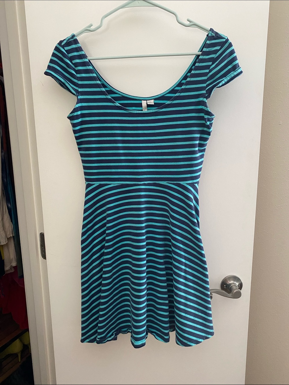 Striped Blue Scoop Neck Skater Dress